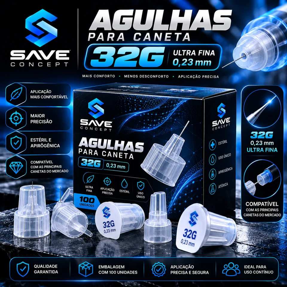 Caixa de agulhas para caneta Save Concept 32G com 100 unidades e agulhas ao lado
