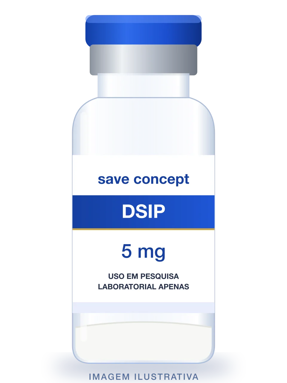 Ilustração de frasco de DSIP 5mg com rótulo Save Concept