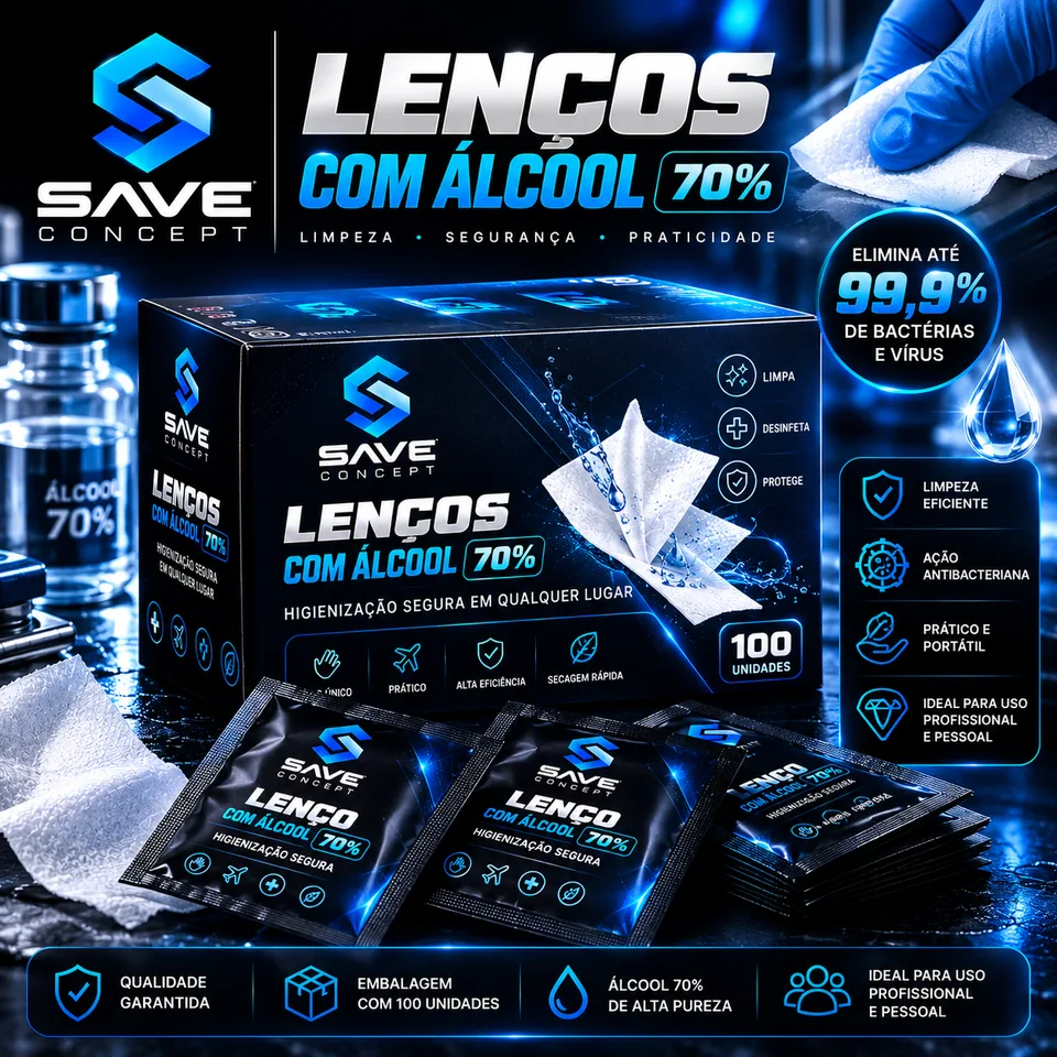 Caixa de lenços com álcool 70% Save Concept com 100 unidades e sachês ao lado